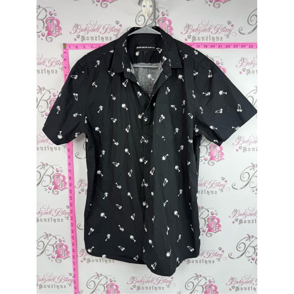 Molokai surf co Men's Black Short-Sleeve Button-Down Shirt with White Palm Print